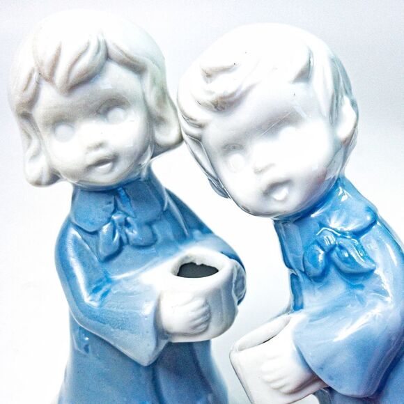 Pair Blue Angel Children Porcelain Candle Holders - Picture 6 of 6